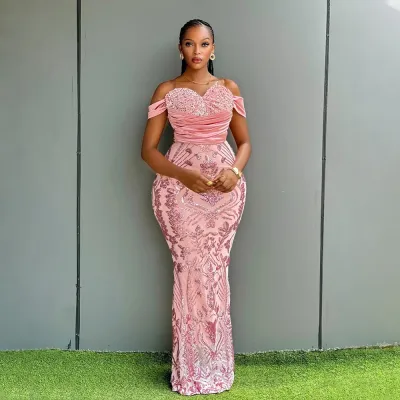Women Fashion Elegant Sequined Velvet Off-Shoulder Slim-Fit Formal Dresses