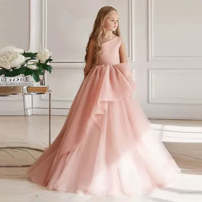 Kids Girls' Fashion Elegant Solid Color Slanted Shoulder Sleeveless Mesh Princess Dress