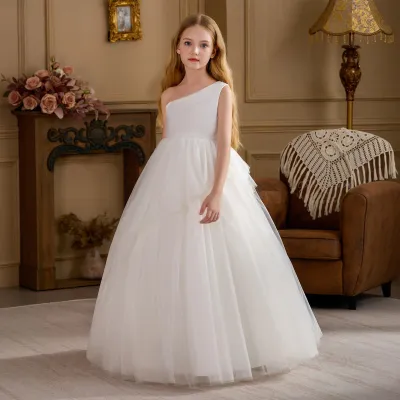 Kids Girls' Fashion Elegant Solid Color Slanted Shoulder Sleeveless Mesh Princess Dress