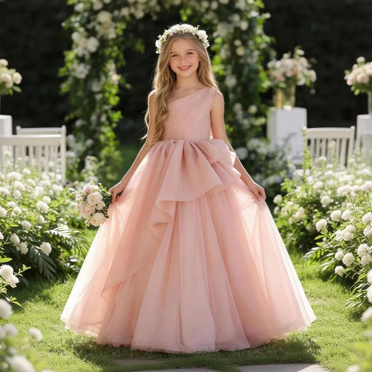 Kids Girls' Fashion Elegant Solid Color Slanted Shoulder Sleeveless Mesh Princess Dress