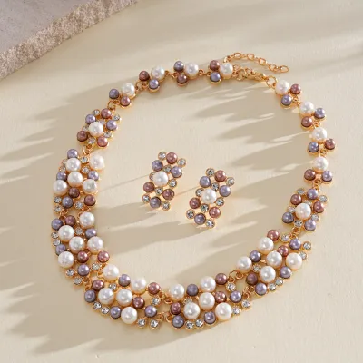 Women Fashion Retro Elegant Diamond Pearl Beaded Earrings Necklace Set