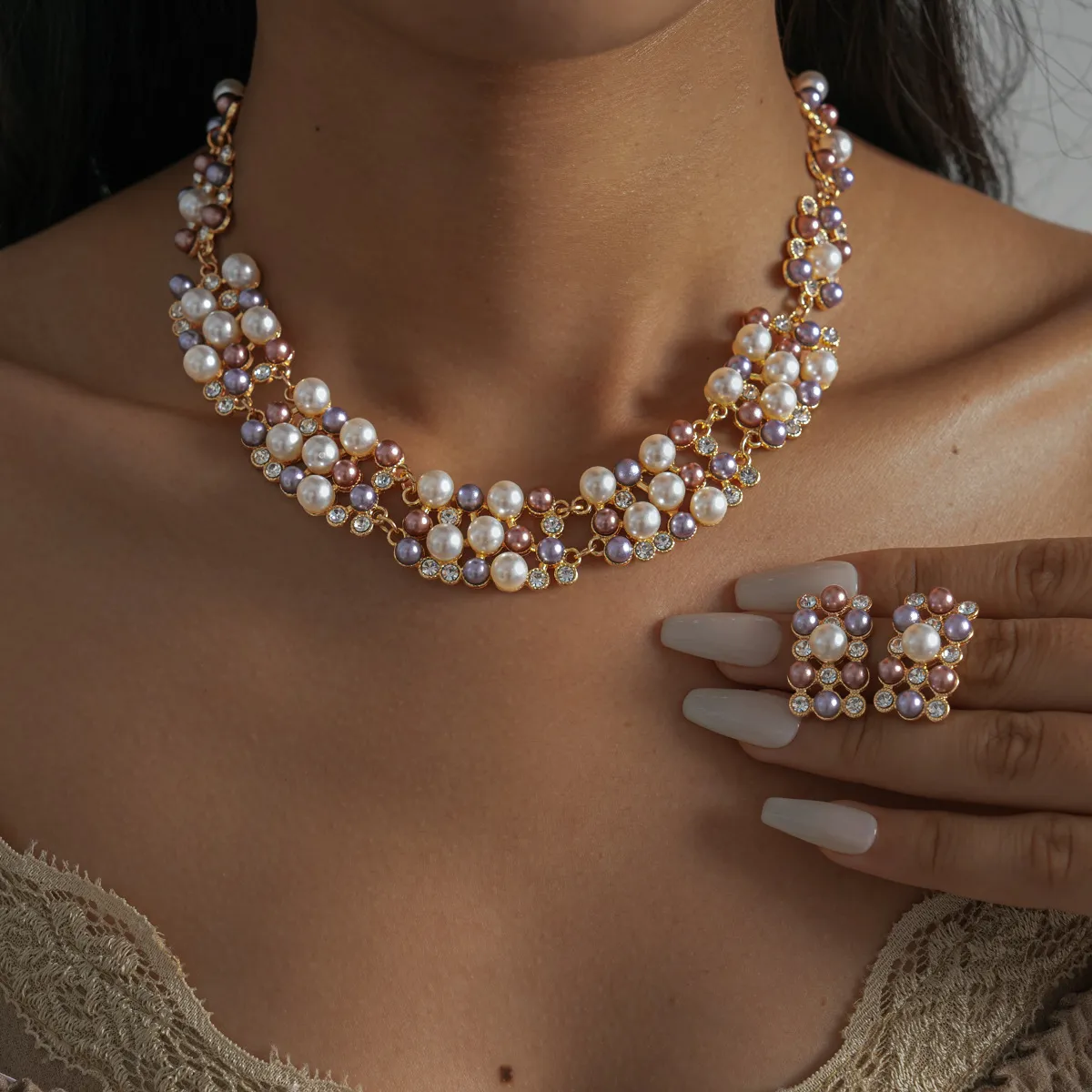 Women Fashion Retro Elegant Diamond Pearl Beaded Earrings Necklace Set
