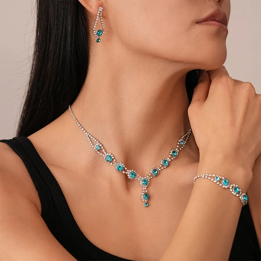 Women Fashion Retro Blue Diamond Round Earrings Bracelet Necklace 3-Piece Set