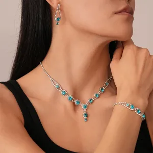 Women Fashion Retro Blue Diamond Round Earrings Bracelet Necklace 3-Piece Set