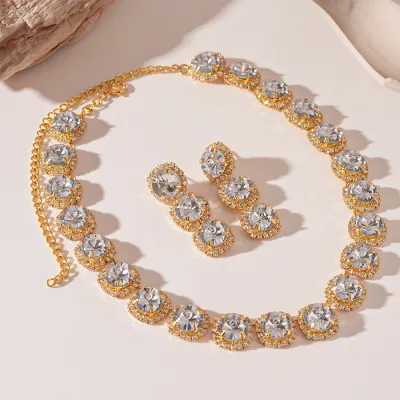Women Fashion Light Luxury Square Round Geometric Rhinestone Earrings Necklace 2-Piece Set