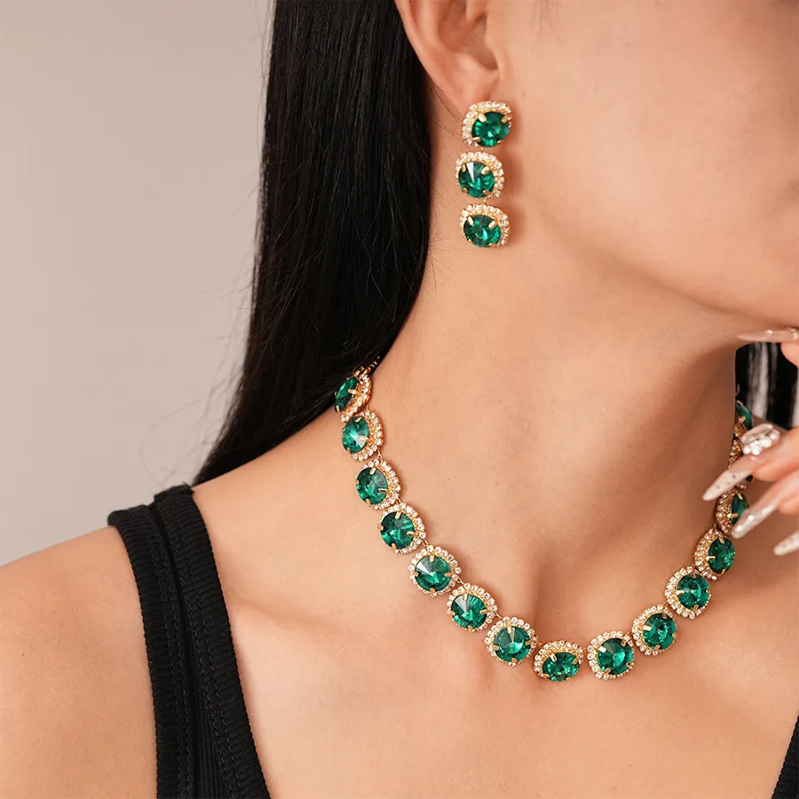 Women Fashion Light Luxury Square Round Geometric Rhinestone Earrings Necklace 2-Piece Set