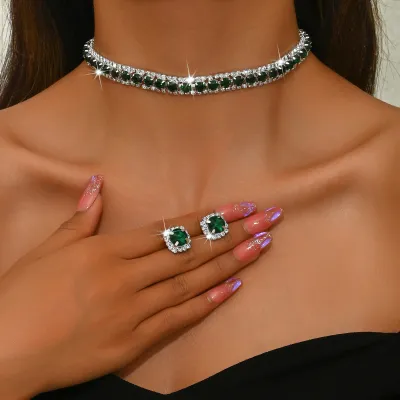 Women Fashion Square Rhinestone Zircon Geometric Necklace Stud Earrings Jewelry Set