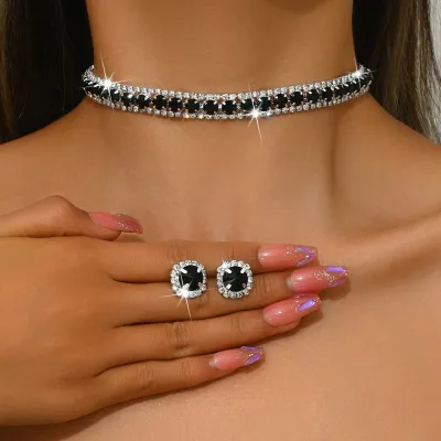 Women Fashion Square Rhinestone Zircon Geometric Necklace Stud Earrings Jewelry Set