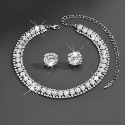 Women Fashion Square Rhinestone Zircon Geometric Necklace Stud Earrings Jewelry Set