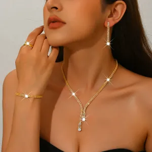 Women Fashion Light Luxury Simple Rhinestone Zircon Crystal Earrings Necklace Set