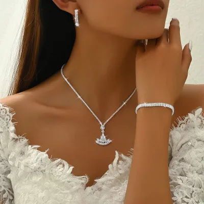 Women Fashion Simple Elegant Naked Diamond Zircon Full Diamond Necklace Bracelet Earrings Set