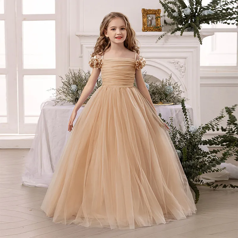 Kids Girls Fashion Elegant Solid Color Spaghetti Strap Mesh Fluffy Princess Dress