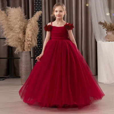 Kids Girls Fashion Elegant Solid Color Spaghetti Strap Mesh Fluffy Princess Dress