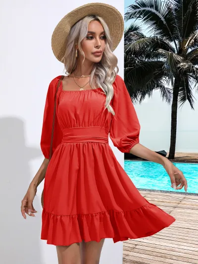 Women Fashion Casual Summer Solid Color Ruffle Square Collar Short-Sleeve Bow Backless Dress
