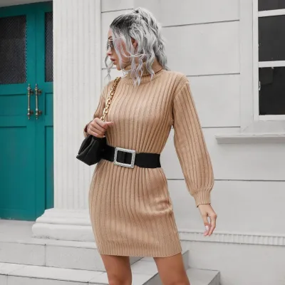 Women Fashion Casual Autumn And Winter Solid Color Pit-Strip Turtleneck Long-Sleeve Knitted Dress