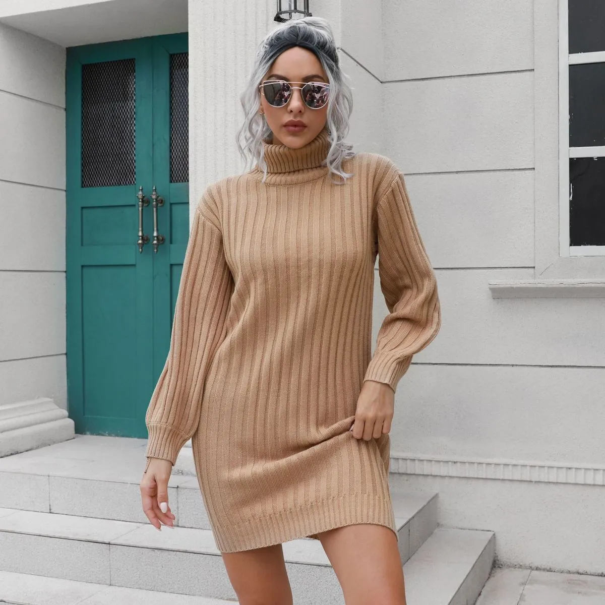Women Fashion Casual Autumn And Winter Solid Color Pit-Strip Turtleneck Long-Sleeve Knitted Dress