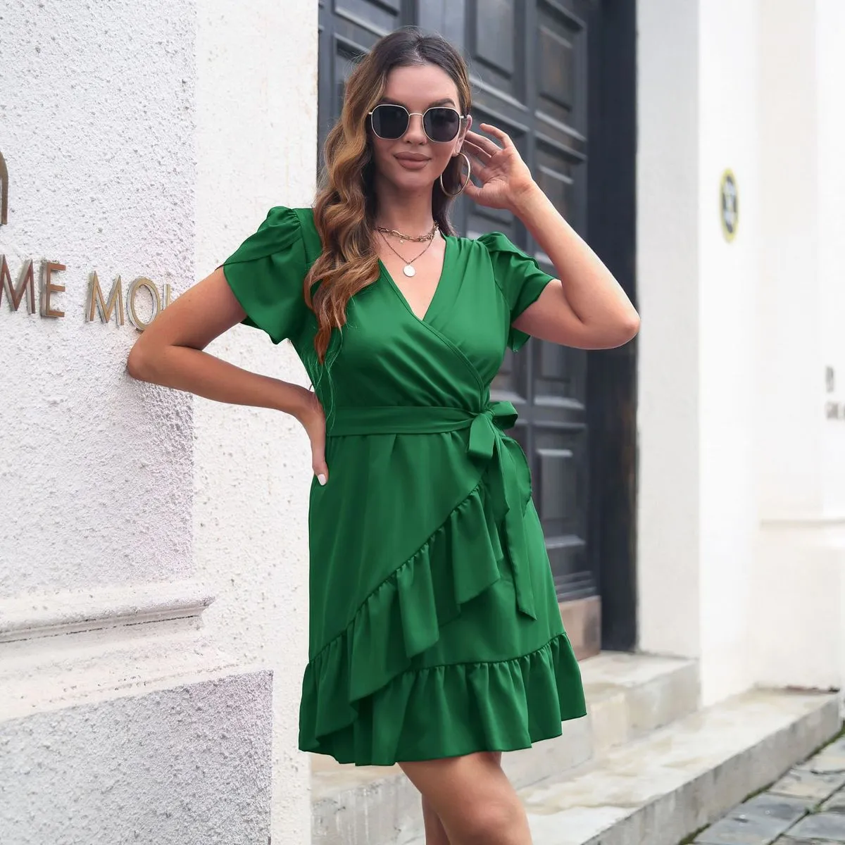 Women Fashion Casual Solid Color Ruffled Hem Petal Sleeve Cross V-Neck Dress