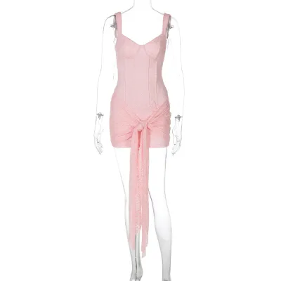 Women Fashion Sexy Solid Color Lace V-Neck Tight Waist Stitching Strap Dress
