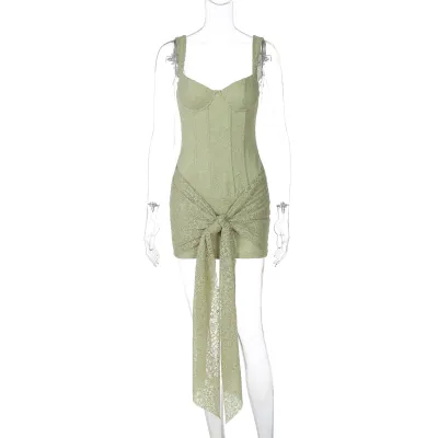 Women Fashion Sexy Solid Color Lace V-Neck Tight Waist Stitching Strap Dress
