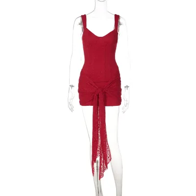 Women Fashion Sexy Solid Color Lace V-Neck Tight Waist Stitching Strap Dress