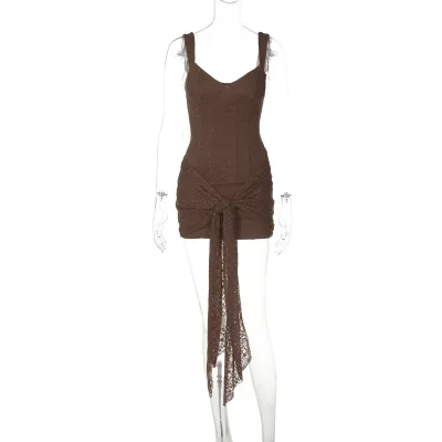 Women Fashion Sexy Solid Color Lace V-Neck Tight Waist Stitching Strap Dress