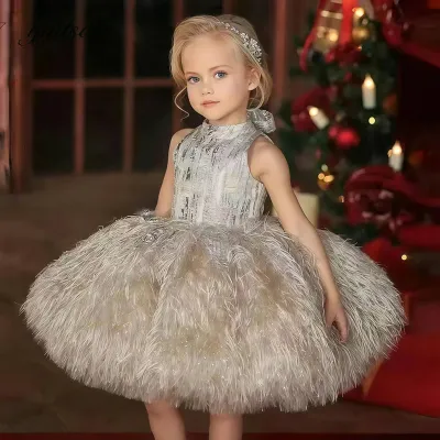 Kids Girl Fashion Elegant Plush Stitching Puff Princess Dress