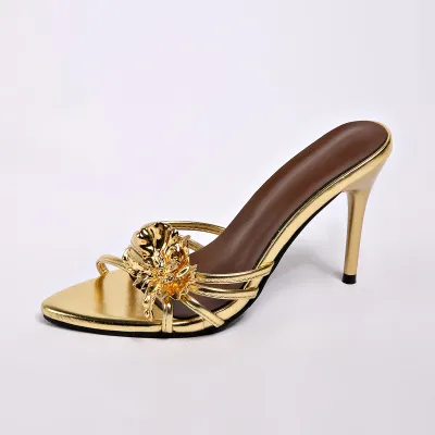 Women Fashion Sexy Solid Color Flower Decoration Heeled Slippers
