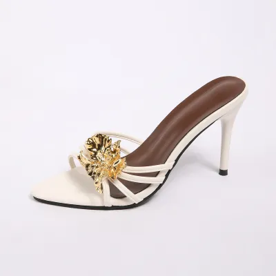 Women Fashion Sexy Solid Color Flower Decoration Heeled Slippers