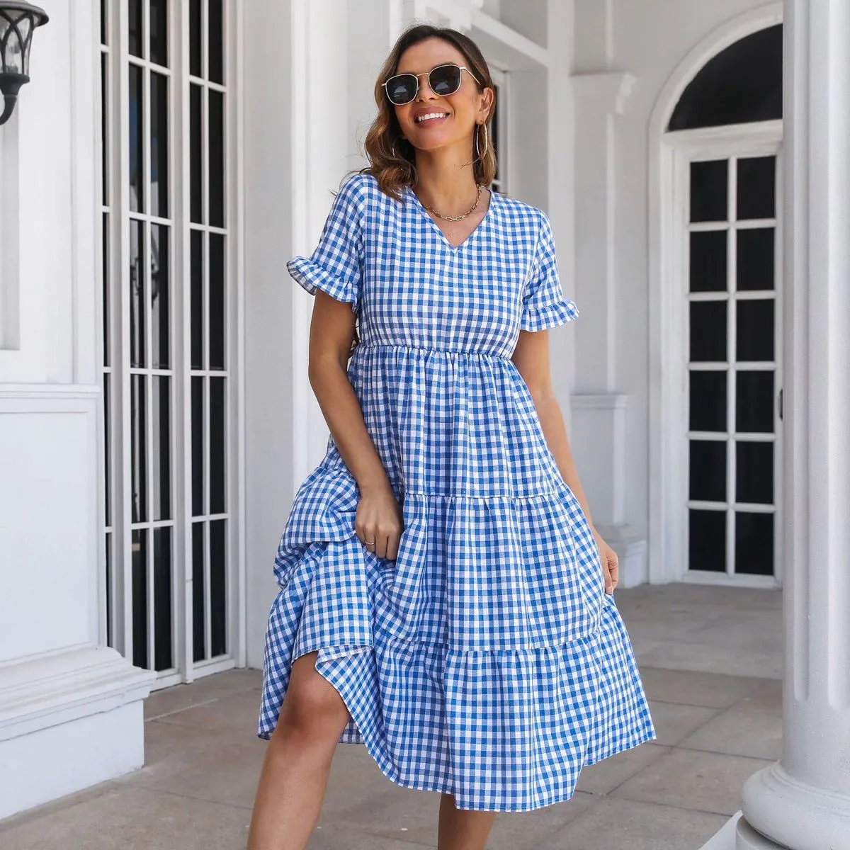 Women Fashion Casual Plaid Printed V-Neck Short Sleeve Ruffled Large Swing Dress