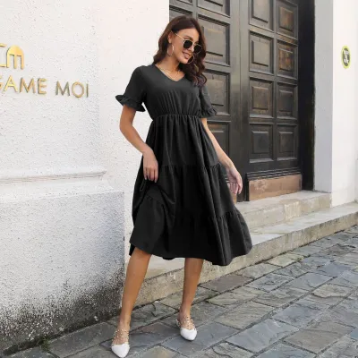 Women Fashion Casual Summer Solid Color V-Neck Short-Sleeve Ruffled Layered Dress