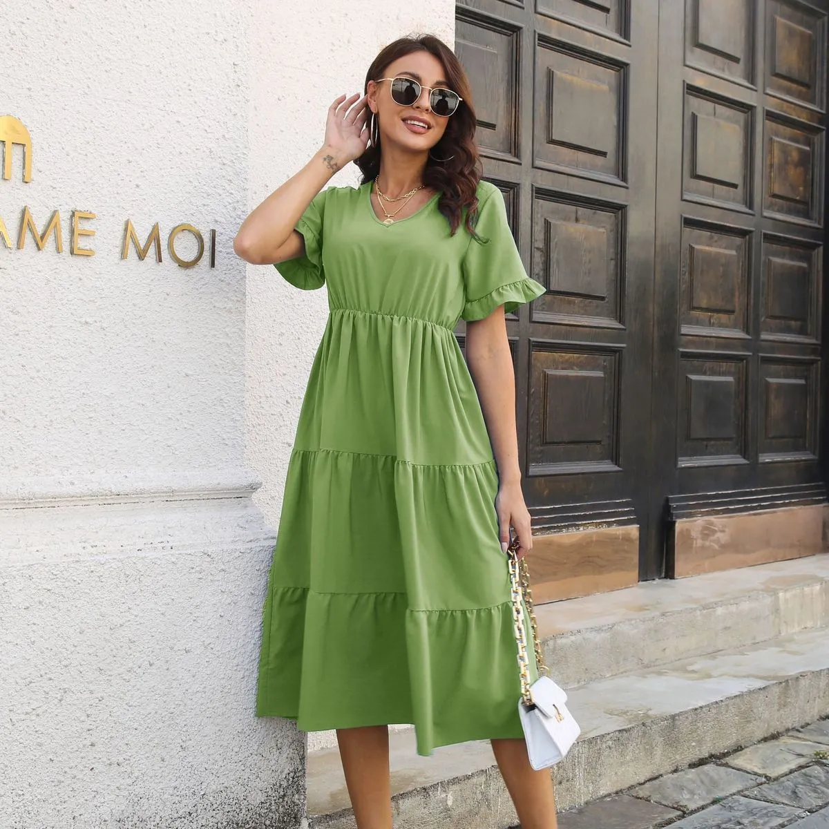 Women Fashion Casual Summer Solid Color V-Neck Short-Sleeve Ruffled Layered Dress