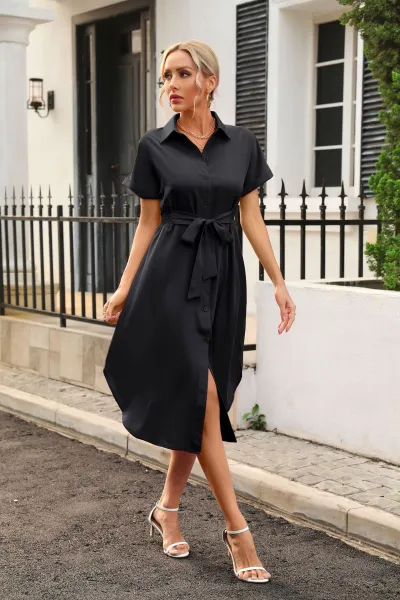 Women Fashion Casual Summer Solid Color Lapel Short-Sleeve Loose Dress