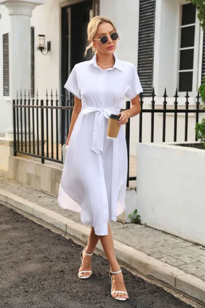 Women Fashion Casual Summer Solid Color Lapel Short-Sleeve Loose Dress
