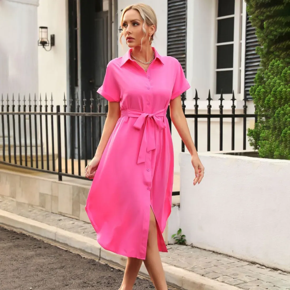 Women Fashion Casual Summer Solid Color Lapel Short-Sleeve Loose Dress
