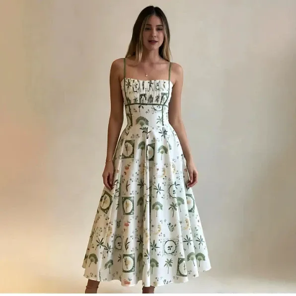 Women Fashion Casual Summer Printed Spaghetti Strap A-Line Dress