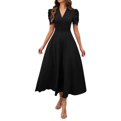 Women Fashion Casual Spring And Summer Solid Color Short Sleeve High Waist Dress