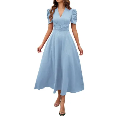 Women Fashion Casual Spring And Summer Solid Color Short Sleeve High Waist Dress