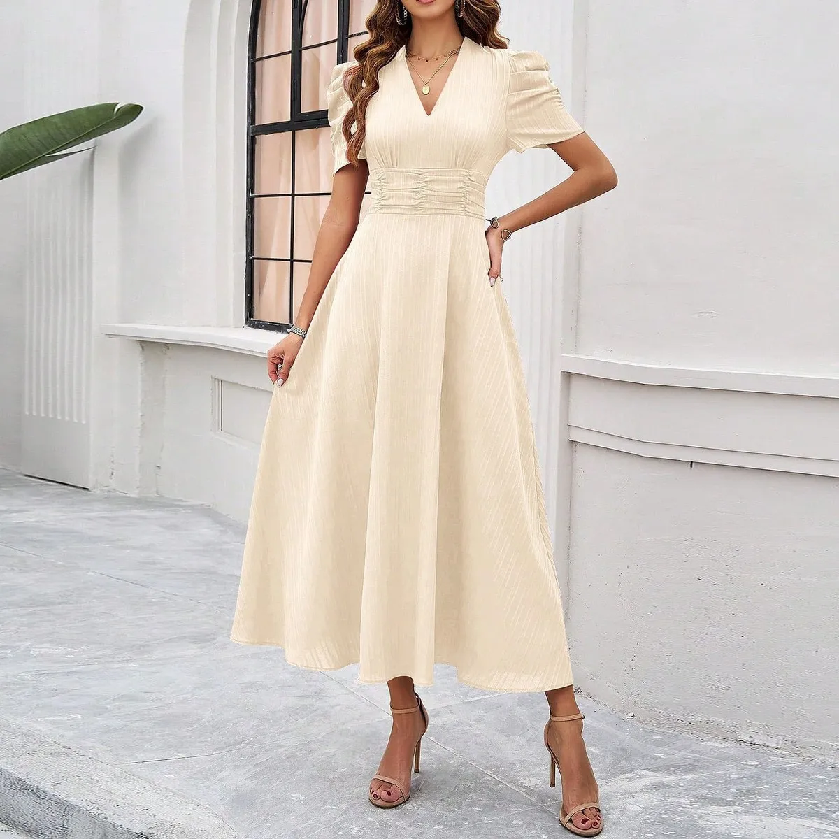 Women Fashion Casual Spring And Summer Solid Color Short Sleeve High Waist Dress