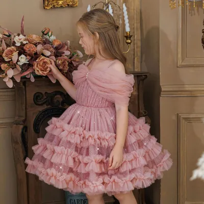 Kids Girls Fashion Elegant Solid Color Sequins Mesh Off-Shoulder Ruffled Fluffy Party Princess Dress