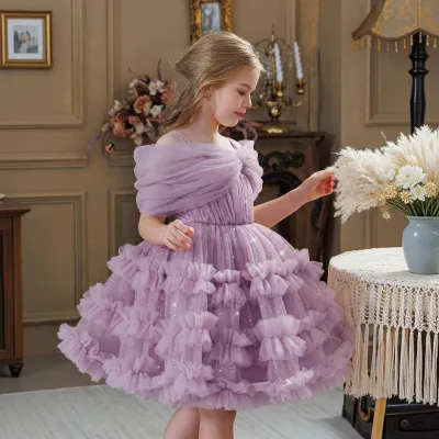 Kids Girls Fashion Elegant Solid Color Sequins Mesh Off-Shoulder Ruffled Fluffy Party Princess Dress