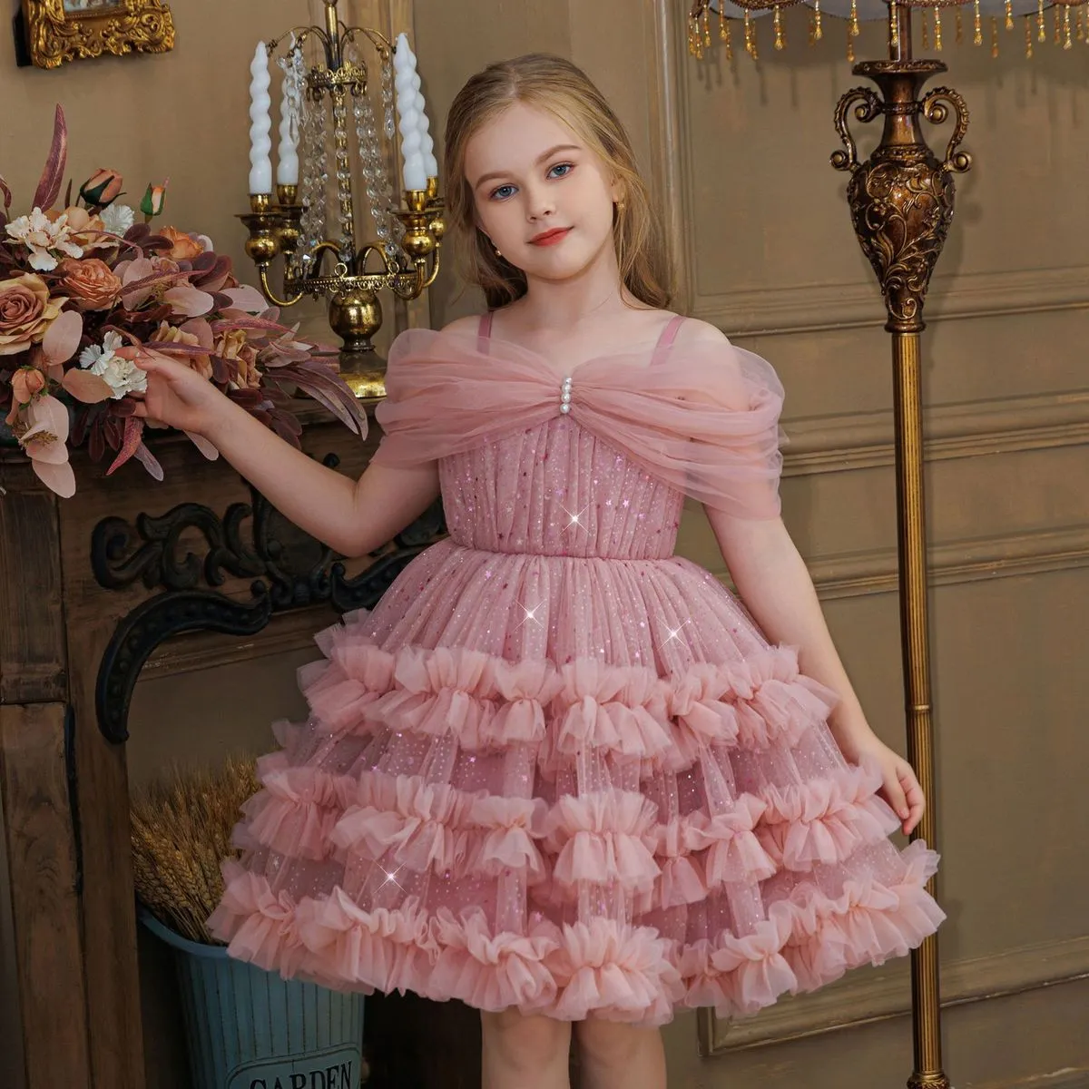 Kids Girls Fashion Elegant Solid Color Sequins Mesh Off-Shoulder Ruffled Fluffy Party Princess Dress
