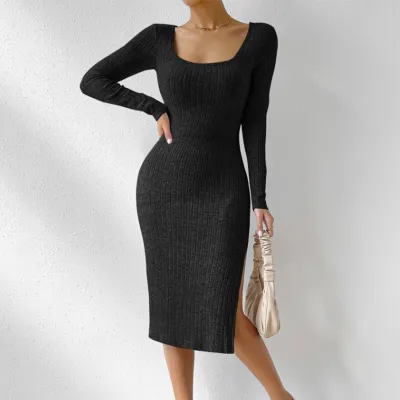 Women Fashion Casual Autumn And Winter Solid Color Square Collar Long Sleeve Slim Fit Dress