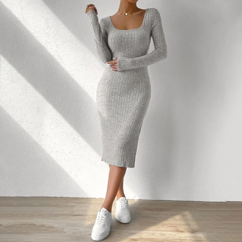 Women Fashion Casual Autumn And Winter Solid Color Square Collar Long Sleeve Slim Fit Dress