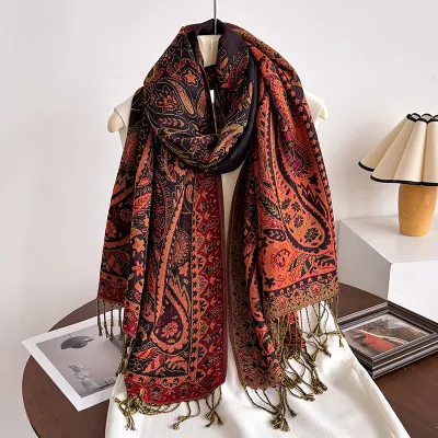 Women Fashion Ethnic Style Court Cashew Printed Tassel Long Scarf