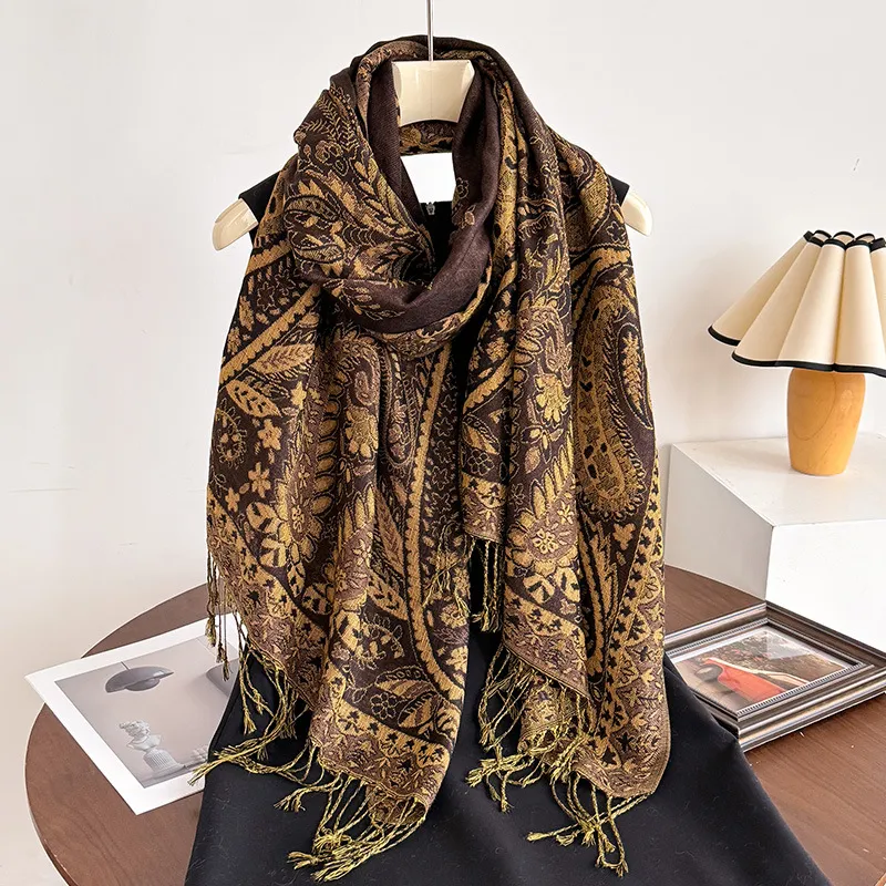 Women Fashion Ethnic Style Court Cashew Printed Tassel Long Scarf