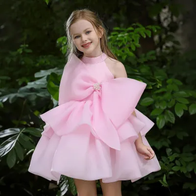 Kids Girls Fashion Elegant Solid Color Bow Decoration Sleeveless Puffy Party Dress