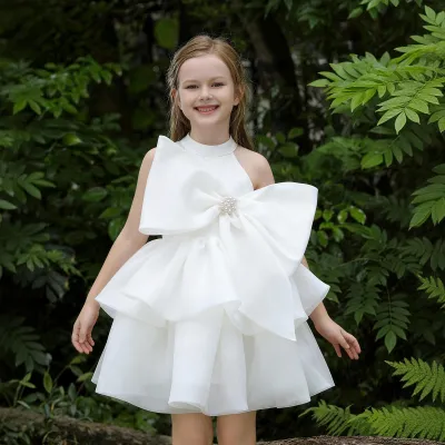 Kids Girls Fashion Elegant Solid Color Bow Decoration Sleeveless Puffy Party Dress