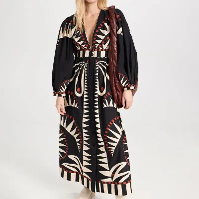 Women Fashion Casual Summer Printed V-Neck Long Lantern Sleeve Loose Dress