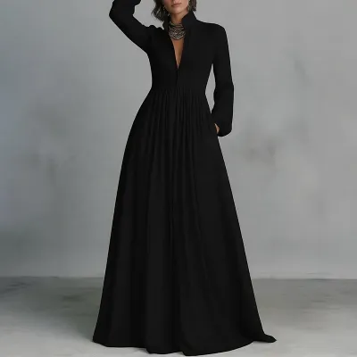 Women Fashion Casual Summer Solid Color Collar Waist Long Sleeve Loose Dress
