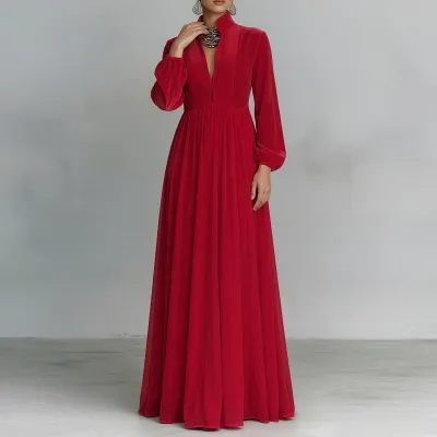 Women Fashion Casual Summer Solid Color Collar Waist Long Sleeve Loose Dress